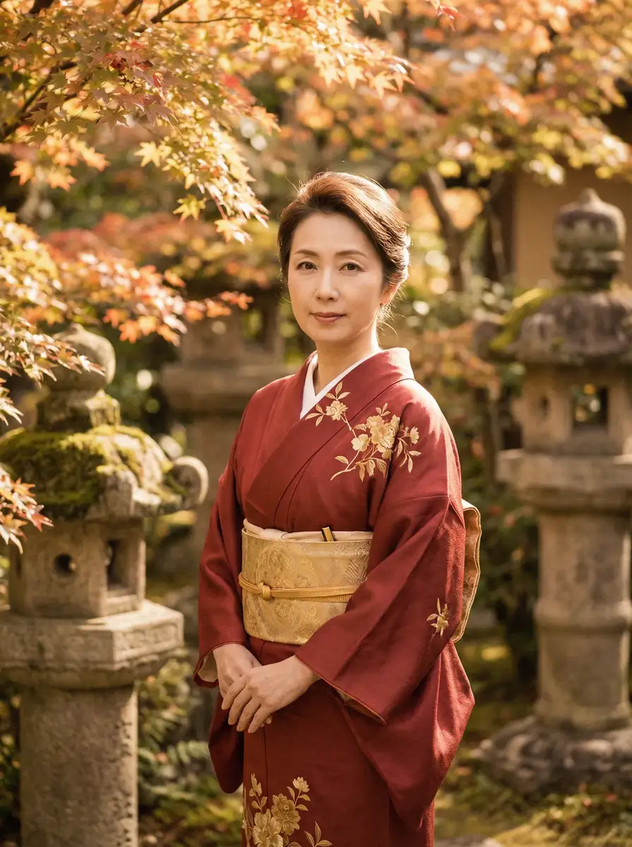 一位身穿暗红色和服的优雅 国产一线二线三线女装品牌 在日式庭院中